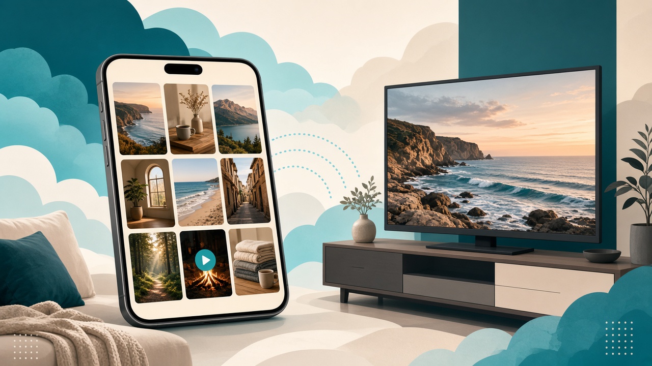 A phone showing a photo gallery, casting a picture to a television.